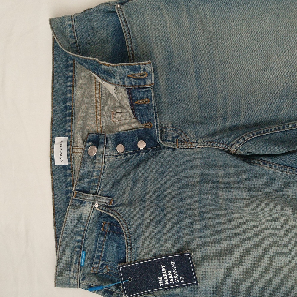 Cottoncitizen men's Marley jeans maple/ 34 straight fit, baggy button fly denim